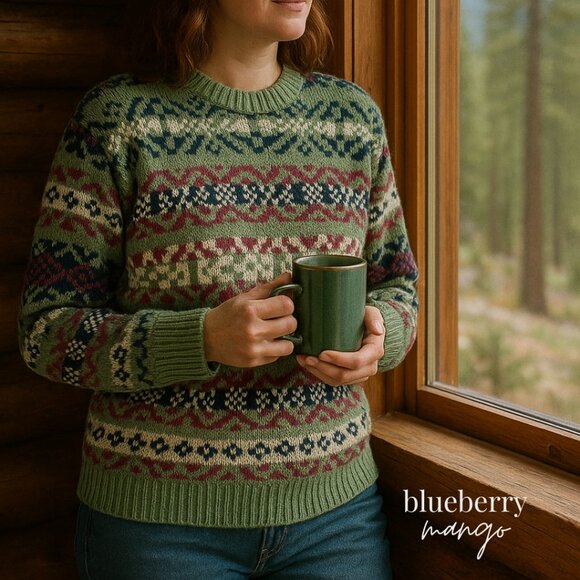 Vintage GAP Fair Isle Icelandic Sweater | Sage Green Grandpa Knit | 90s Y2K - Picture 1 of 5